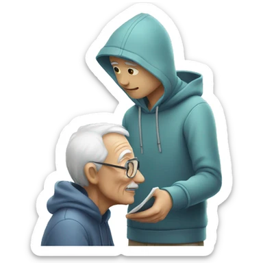 Young man with hoodie helping old man to learn how to use artificial intelligence  sticker