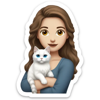 woman with brown hair and holding a all white Siberian cat with blue eyes sticker