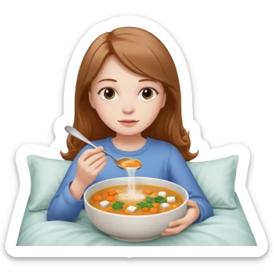 tazita de sopa, pastillas al lado y una chica en una cama sticker