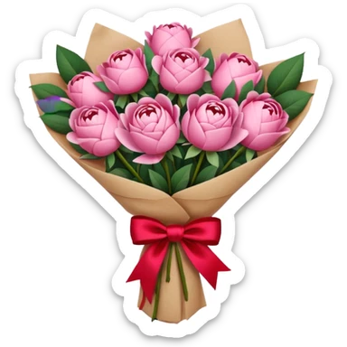 Bouquet of pink flower like rose and peony wrapped in kraft paper with red bow sticker