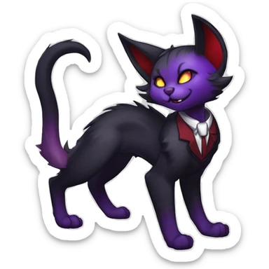Anthro-Cute-Edgy-Vampiric-Batty-Cat-Black-Purple-Red-Grey-White-Yellow-Contrast-Colors-Fantasy-Fur-Sona-Chibi-Shiny-Fakémon-Hybrid with horns and big fangs, neck tie, leg spats full body sticker