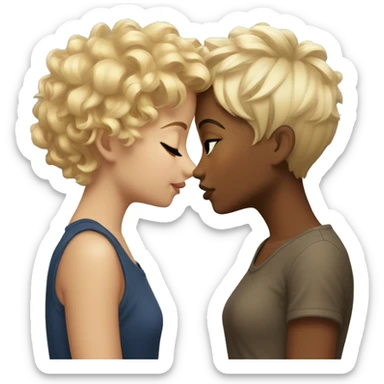 Tow girls kissing one of them have a blonde Curly hair and her skin is brown and the other is also brown skin with a pixie cut  sticker