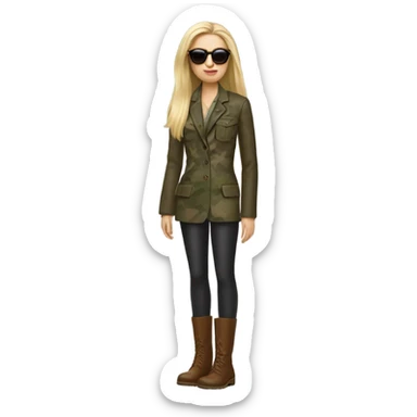 Realistic White woman with Long straight blonde hair and round sunglasses, camouflage Wool oversize blazer, bare legs and Brown leather boots  sticker
