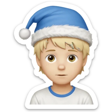 create boy blonde hair long messy, light eyes, white t shirt, rich, long hair, eyes blue, acessory head cristimas blue hat, fluffy hair medium long hair sticker