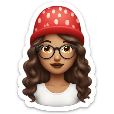 Brunette girl with circle glasses and long wolf cut hair and strawberry hat sticker