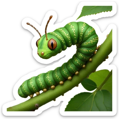 Cinematic Realistic Noble Caterpillar Portrait Emoji, Poised and serene, with a slender, segmented body covered in vivid, detailed green scales accented by subtle natural patterns, and a tiny, focused face with delicate, inquisitive eyes, rendered with lifelike texture and soft natural lighting, high shine, intelligent and delicate, styled with an air of woodland elegance, focused and attentive, soft glowing outline, capturing the essence of a watchful and confident looper caterpillar that appears ready to inch gracefully out of the screen with natural authority! sticker