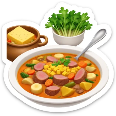 Cinematic Realistic Sancocho Soup Dish Emoji, featuring a rich, hearty stew with diverse meats and vegetables rendered with lifelike detail and warm, comforting lighting. sticker