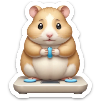 Cute chubby cartoon-style hamster standing on a bathroom scale, looking nervous with praying hands. Painterly shading, expressive eyes, white background, sticker-style illustration sticker