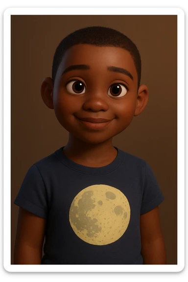 Pixar style dark-skinned girl with very short hair, wearing a t-shirt with a moon drawing sticker