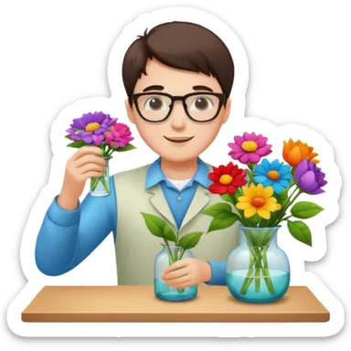 Young male florist – wearing glasses, arranging flowers in a vase. sticker
