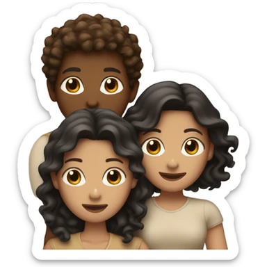 Three friends hugging. One white with dark brown wavy hair, one tan with brown hair, and one brown with curly black hair sticker