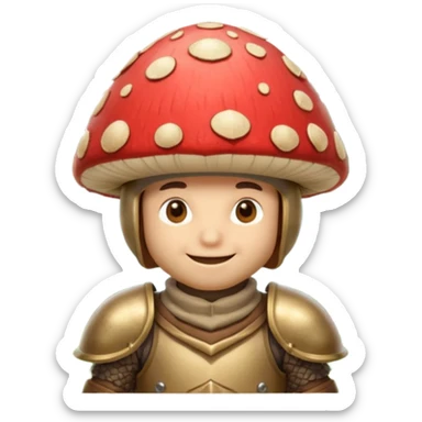 mushroom knight portrait, head and shoulders only, helmet made entirely of a large mushroom cap, textured mushroom surface, tiny fantasy armor collar, heroic smile, magical forest vibe, 3D cartoon, mobile game icon style, clean background, no text, no watermark
 
 sticker