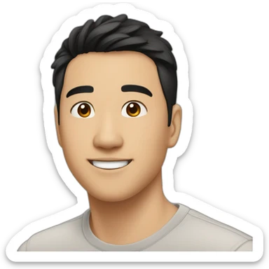 guy, black hair, medium length hair, in his 20s, very asian, smiling, t-shirt only, slight brown skin, hunter eyes sticker