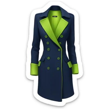 Realistic isolated open navy blue fashion Peacoat with lime green low cut silk blouse underneath.  sticker