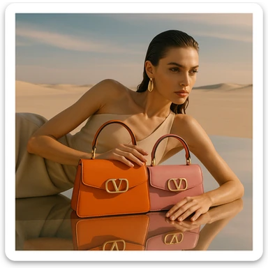High fashion woman lying on her side on a reflective surface in a minimalist desert, holding two designer bags (orange and pink), wearing a beige minimalist top, earrings, and sleek wet hair. Dramatic sunlight, pastel tones, luxury editorial style. sticker