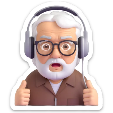 Brown old man with medium white hair, wearing glasses and headphones, looking surprised and angry, no facial hair, chubby, looking to the upper left corner sticker