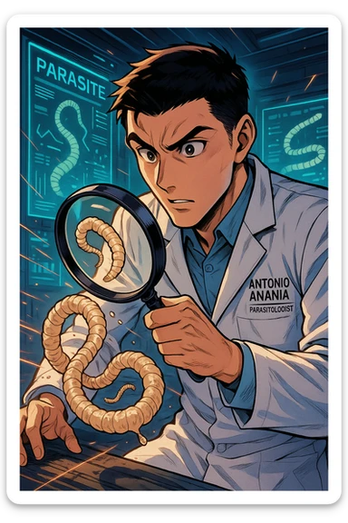 A dynamic manga/webtoon-style illustration of a young male kinesiologist wearing a clean white lab coat, analyzing light beige worms like a tapeworm under a magnifying glass. His expression is focused and slightly intrigued, with sharp, detailed eyes. The art style is vibrant, with bold linework, rich colors, and dramatic lighting. The background is a futuristic laboratory with glowing holographic screens displaying parasite data. The tapeworm is intricately drawn, slimy and segmented, with a slightly exaggerated yet realistic texture. The composition is dynamic, with motion lines or energy effects to emphasize his scientific investigation. The atmosphere is intense but not dark, keeping a balance between scientific seriousness and stylish manga aesthetics, he has "ANTONIO ANANIA" WRITTEN ON WHITE LAB COAT sticker