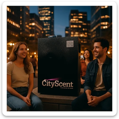 Place this exact CityScent air freshener machine in the center of a modern cityscape at evening, illuminated by ambient city lights. Show a few people nearby, sitting or standing, looking relaxed and happy, enjoying the scent. The style should be photorealistic, realistic and inviting. sticker