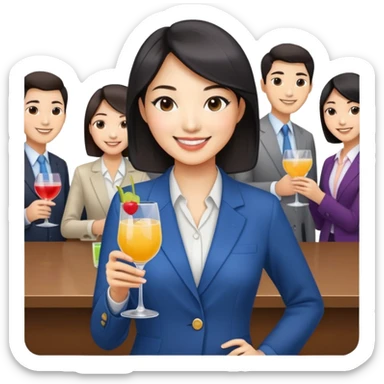 asian women business casual clothing, smilingholding cocktail glass socializing at a work party sticker