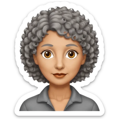 woman 50 years old, tanned skin, short grey curly-wavy wolf cut hair, brown eyes sticker