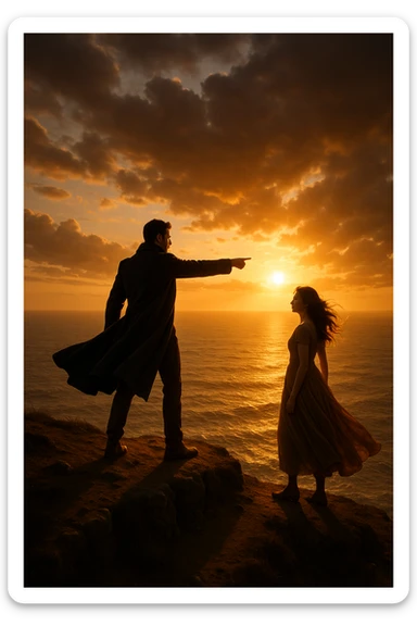 A cinematic scene of a man as a commander guiding a woman toward a bright future, standing on a cliff edge overlooking a vast ocean at sunset, with the man pointing forward while the woman looks at him, ready to follow his lead. The man wears a dark coat blowing in the wind, creating a heroic silhouette, while the woman wears a flowing dress, her hair catching the light. Warm, dramatic lighting with golden tones, emphasizing hope and leadership. Wide-angle shot capturing the epic scenery and emotional connection.
 sticker