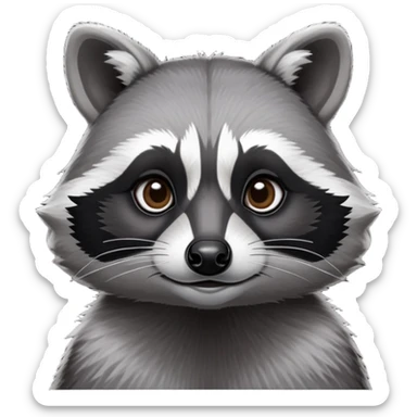 Cinematic-Noble-Raccoon-Portrait-Emoji – Poised and confident, with a sturdy build and a beautifully textured fur of silver-grey accented by dark black facial markings, deep-set, large big black eyes revealing no white, simplified yet sharp and sophisticated zoom out to show shoulders sticker