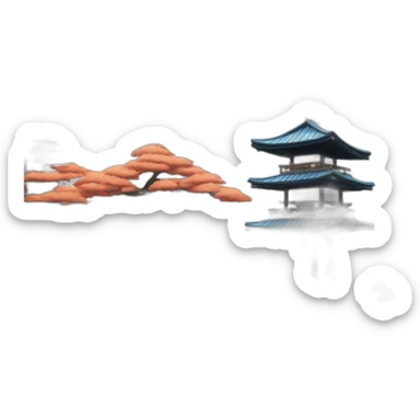 A lakeside island with a shinto gate and small Japanese house with a blue tiled roof sticker