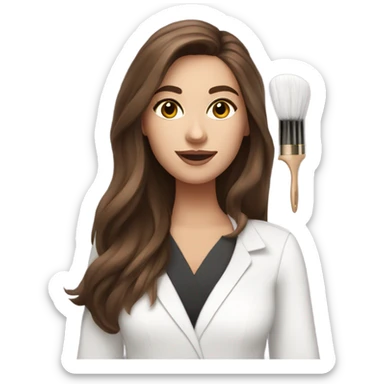 Brown haired esthetician with hair down wearing white holding fan brush sticker
