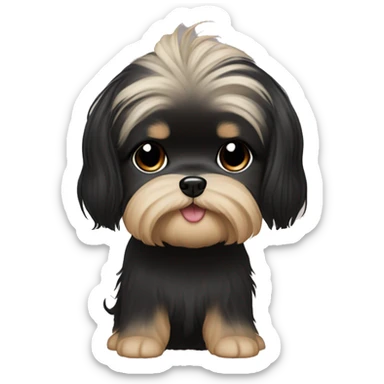 long black hair korean girl with beige and black shih tzu yorkie, short floppy ears. He has light eyebrows  sticker