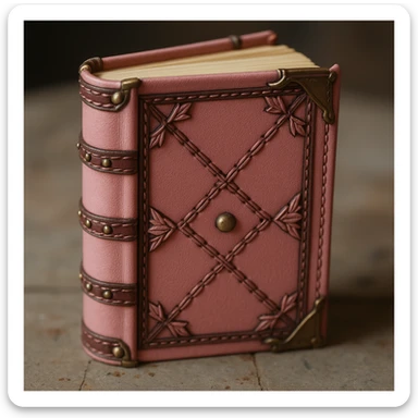 Change the leather cover of the diary to pink, keep the diary closed with brown leather and gold-edged pages, realistic and detailed style. sticker