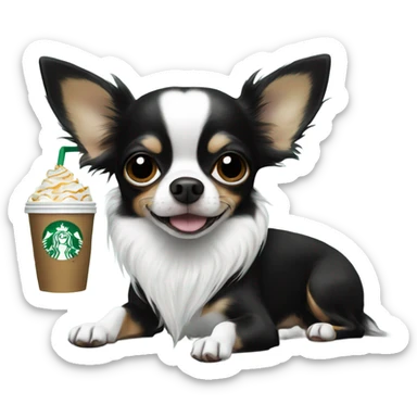 Black white long hair chihuahua eating Starbucks  sticker