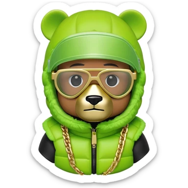 geometric bearbrick in lime green balaclava with brand tags, eyes replaced by integrated single-piece visor lens built into mask itself, not as separate glasses, down jacket with fur hood, gold chains sticker