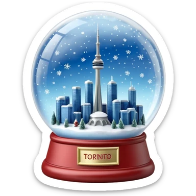A Tiny beautiful hyperrealistic Glass Snow globe, with Toronto City CN tower and the skydome within the global, full of sparkling snow, expressing  a snow storm in ontario.  Isolated, 3D render, 4k, dpi 300 sticker