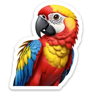 cinematic-macaw-realistic-full-body-standing-emoji,-vibrant-feathers-glowing-with-rich-reds,-blues,-and-yellows,-head-tilted-dramatically,-curved-black-beak-gleaming,-piercing-dark-eyes-exuding-confidence,-simplified-yet-realistic-focused sticker