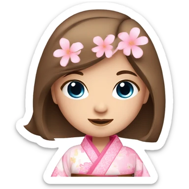 cute girl brown straight hair and blue eyes in pink flower kimono sticker