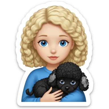 blonde girl with blue eyes holding black puppy poodle sticker