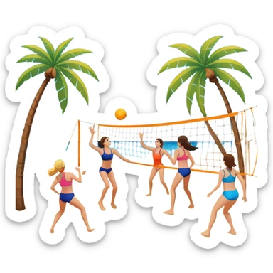 The scene captures a sunny beach atmosphere with clear blue sea and sky, palm trees swaying, and people in swimsuits enjoying the vibrant surroundings. A volleyball resting on the orange sand ground of a beach, with a volleyball net in the background.  sticker