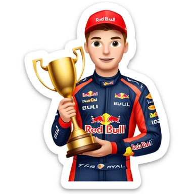 Max Verstappen celebrating with trophy, Red Bull racing suit, no text sticker