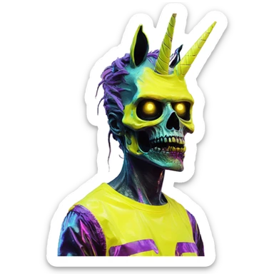 .Zombie_ Vaporwave black holographic oilslick zombie unicorn yellow caution tape sticker