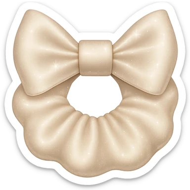 Add a shimmer effect to the small silky white scrunchie with a bow in the style of emoji (apple style emojis). Keep the shimmer subtle and delicate, enhancing the silky texture. Remove the background. sticker
