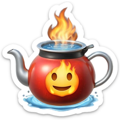 Ultra detailed 3D Apple-style emoji of a small pot or kettle filled with water placed on fire, the water is boiling intensely with visible steam and bubbles rising, bright lighting, clean white background, high-quality realistic emoji rendering. sticker