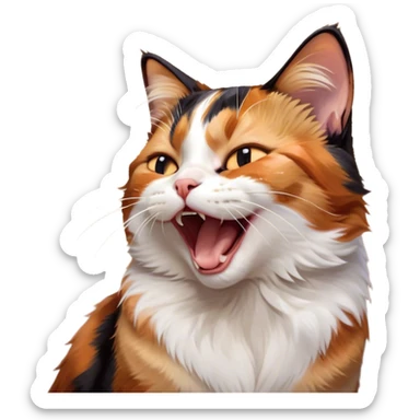 Cinematic Cute Yawning Calico Cat Portrait Emoji, Head tilted mid-yawn with a charming, relaxed expression, showcasing a soft patchwork fur of vibrant orange, black, and white, simplified yet irresistibly adorable, highly detailed, glowing with a cozy, gentle radiance, high shine, exuding sleepy yet endearing charm, styled with a soft glowing outline, capturing the essence of a calico cat caught in a delightful yawn that seems ready to cuddle up for a nap! sticker