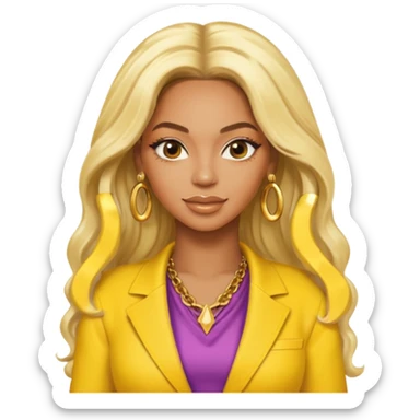 Beyonce with platinum blonde long hair, yellow outfit and earring sticker