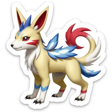 Colorful Skilled Adept Graceful Asian Painted WereGarurumon-Linoone-Meloetta-Renamon-Zangoose-fusion-hybrid-creature (full body) sticker