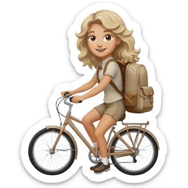 mujer trigueña con pelo ondulado rubio ceniza y con nariz aguileña y sonrisa atrapante en bicicleta con mochila sticker