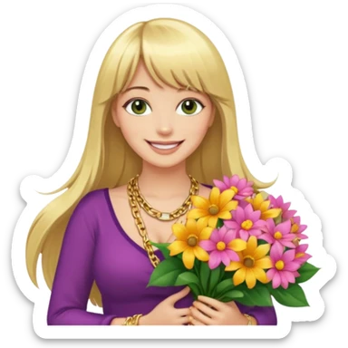 Long blonde haired with bangs, and big boobs smiling woman with hazel geen eyes, wearing gold chains,  holding a big bouquet of beautiful bright flowers  sticker