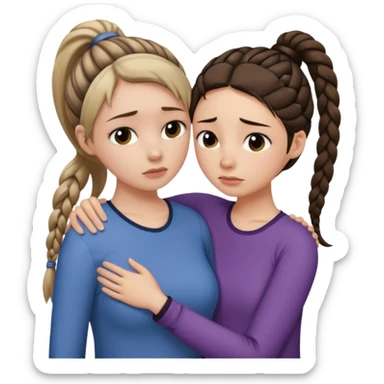 Comforting Hug two white skin women, one shorter woman with medium brown simple top ponytail, not braided, and one taller skinny sad face woman with a single long black side braid sticker