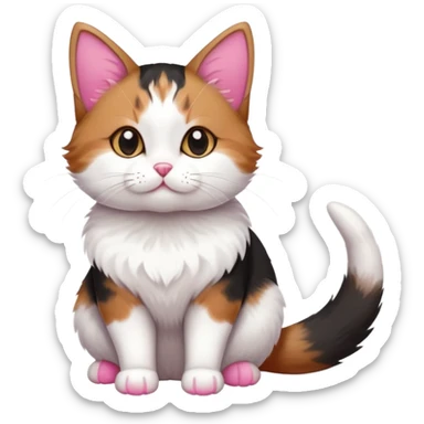 a small tricolor cat with a conical nose, pink pads on her paws, white paws, belly and lower part of her muzzle, and her head, ears, back, sides and tail are black and brown-red in addition to white sticker