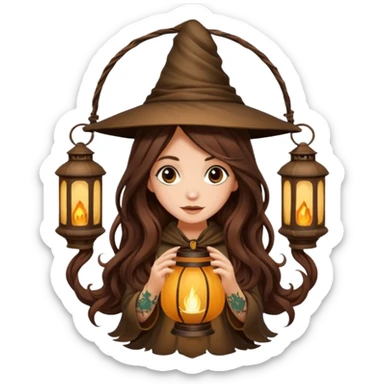 cute forest witch woman long wavy brown hair tattoos hiding inside lantern sticker