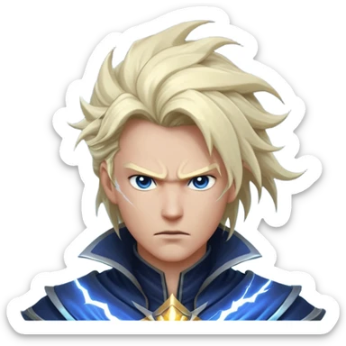 storm rider portrait, head and shoulders only, wind-swept hair, crackling lightning aura, storm clouds swirling behind, intense glowing eyes, epic fantasy vibe, 3D cartoon, mobile game icon style, clean background, no text, no watermark
 sticker